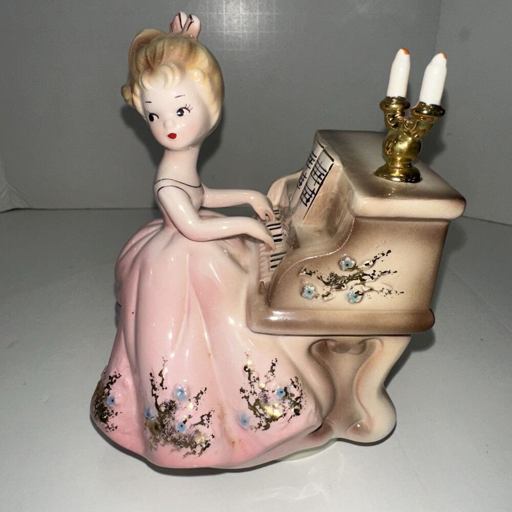 Vintage Josef Originals Revolving Music Box Girl Playing Piano Candelabra Works